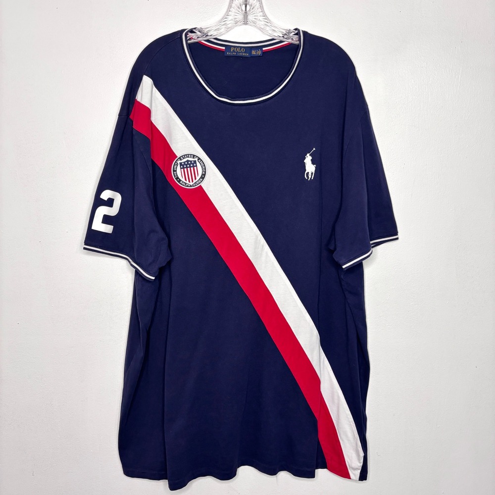 Polo Ralph Lauren Rugby T-Shirt Mens 2XLT Navy Blue USA Crest Sash 2 Sportswear